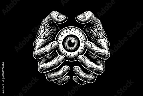 Dark art hand holding eye black and white illustration