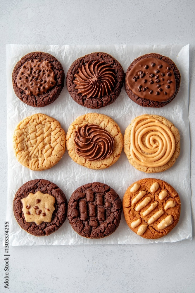 Variety of frosted cookies on white paper. Baking desserts, party treats Variety of frosted cookies on white paper. Baking desserts, party treats