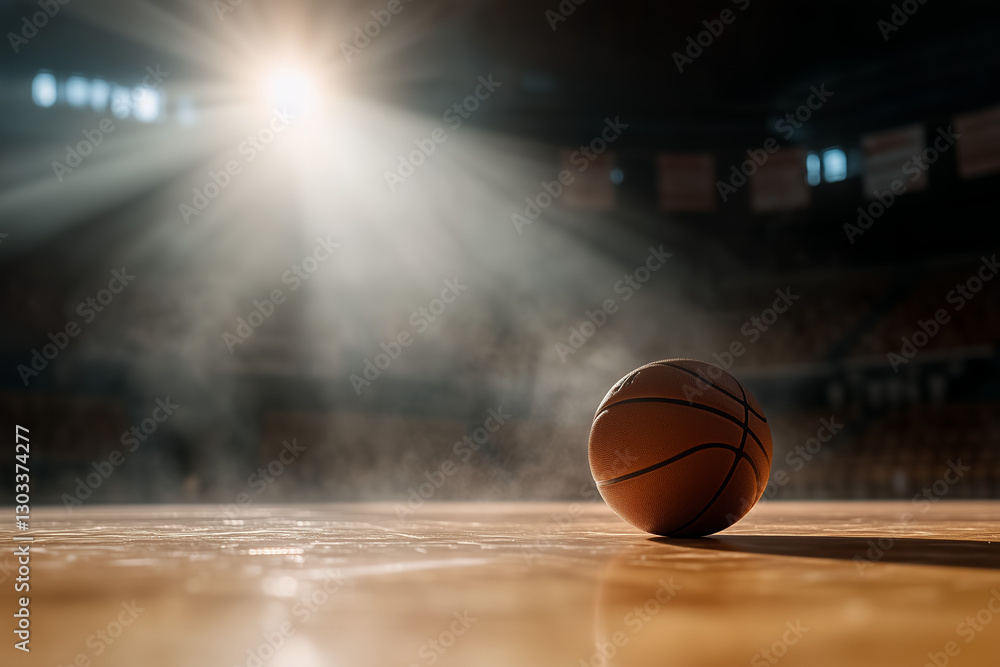 A single basketball resting at the center of a dimly lit indoor basketball arena A single basketball resting at the center of a dimly lit indoor basketball arena