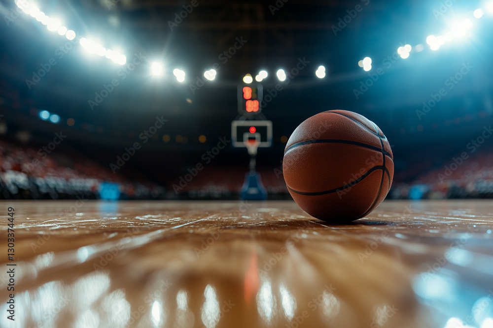 A single basketball resting at the center of a dimly lit indoor basketball arena A single basketball resting at the center of a dimly lit indoor basketball arena