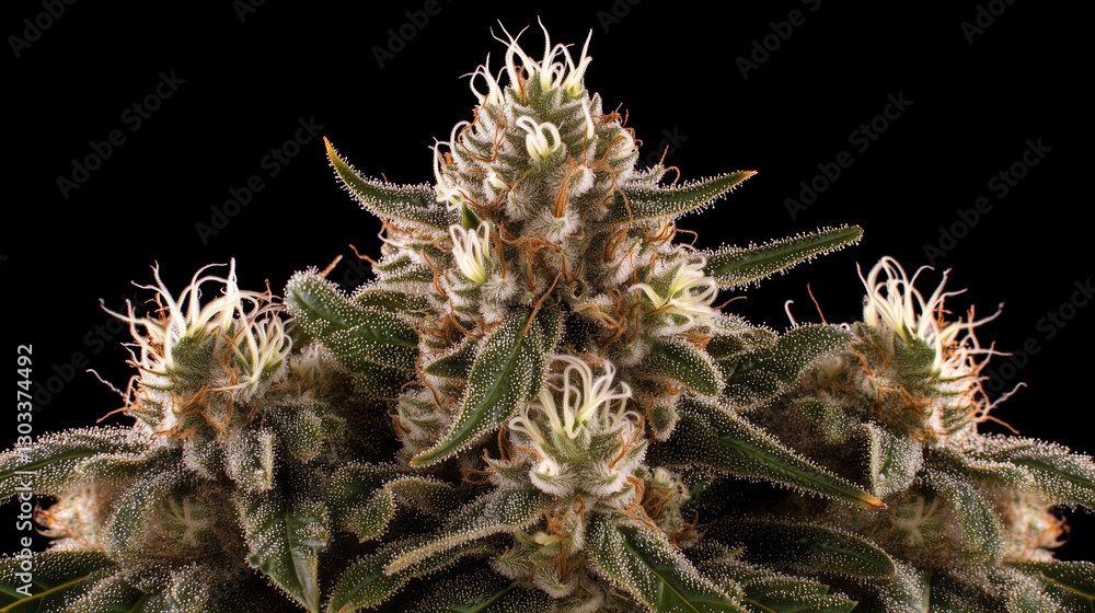 Weed plant, green leaves and potent buds in a lush closeup. Marijuana grow, nature's medicinal plant, a season rich in THC and CBD Weed plant, green leaves and potent buds in a lush closeup. Marijuana grow, nature's medicinal plant, a season rich in THC and CBD