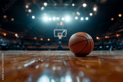 A single basketball resting at the center of a dimly lit indoor basketball arena