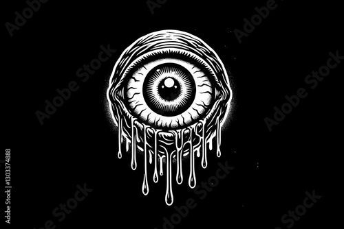 Dark art hand holding eye black and white illustration