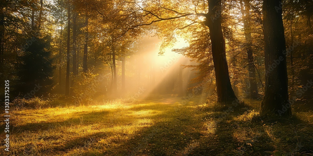Fototapeta premium Soft golden sunlight illuminating a fairy-tale forest clearing