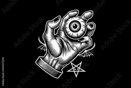 Dark art illuminati eye on hand black and white illustration