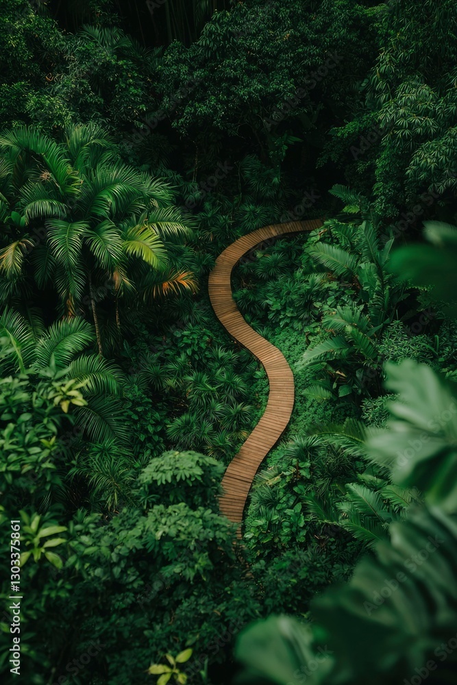 Path winds through tropical rainforest, adventure awaits, peaceful, eco-tourism Path winds through tropical rainforest, adventure awaits, peaceful, eco-tourism