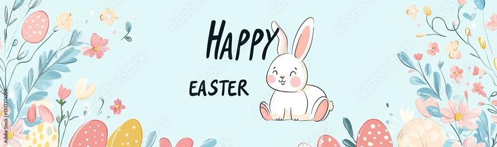 Fototapeta premium Cute Easter banner with bunny, eggs, and flowers. AI generated image