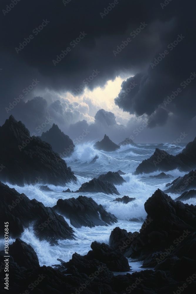 Fototapeta premium Stormy ocean waves crashing on rocky cliffs under dark, ominous clouds. Serenity