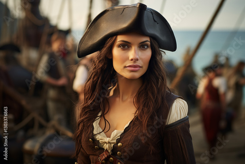 Female Pirate Captain. Women pirate. Sailing the High Seas, Seeking Adventure, Gold, and Glory on a Pirate Ship in a Mysterious Ocean World. History book.