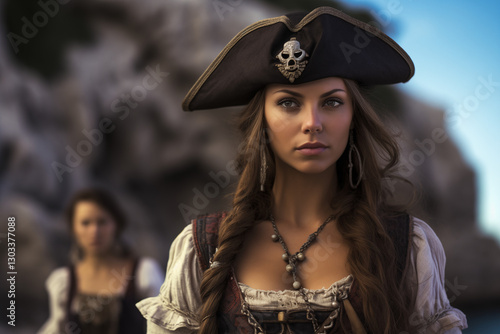 Female Pirate Captain. Women pirate. Sailing the High Seas, Seeking Adventure, Gold, and Glory on a Pirate Ship in a Mysterious Ocean World. History book.