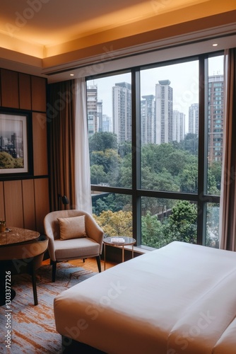 Hotel room with city view. Interior design for relax and luxurious vacation