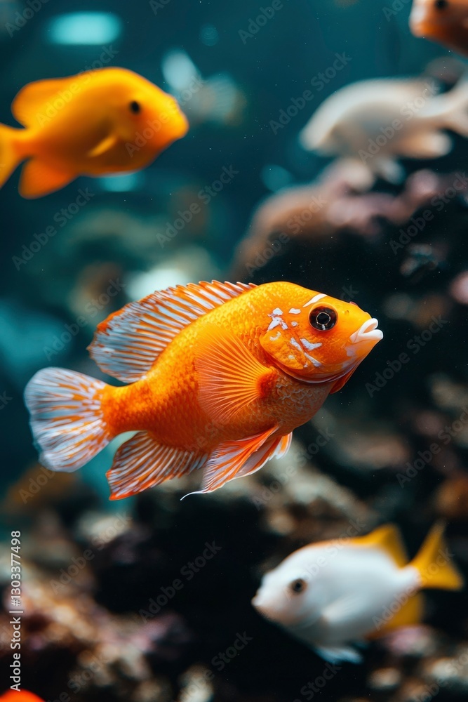A vibrant orange fish swims in an aquarium with white fish and coral reef A vibrant orange fish swims in an aquarium with white fish and coral reef