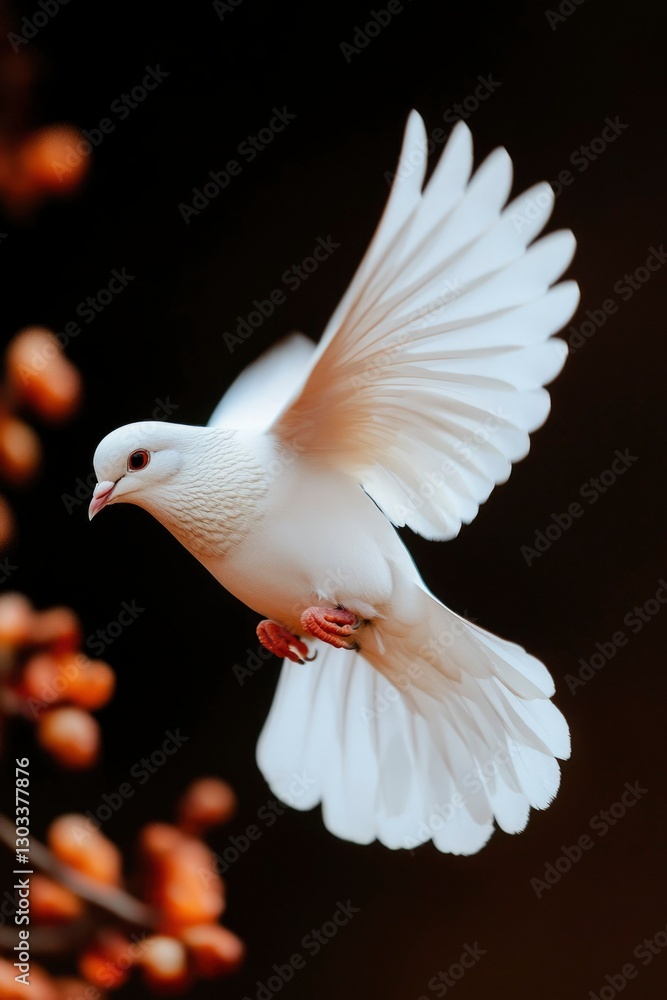 Fototapeta premium Dove soaring in peaceful flight with flowers. Use it for hope, and freedom