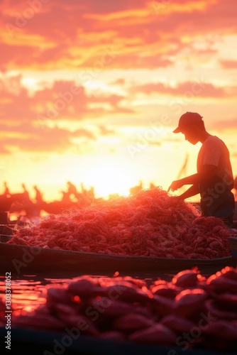 Fisherman sorts catch at sunset harbor. Small boats line horizon in red light
