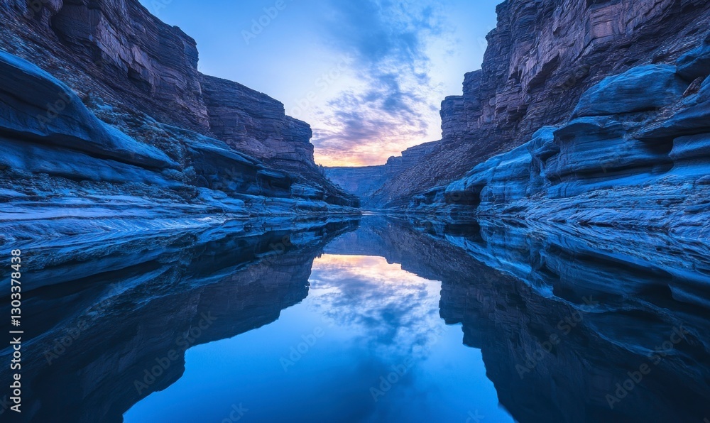 custom made wallpaper toronto digitalsurreal view of an endless blue canyon with water reflecting the sky, shot at sunset using long exposure to create ethereal effects and vibrant colors