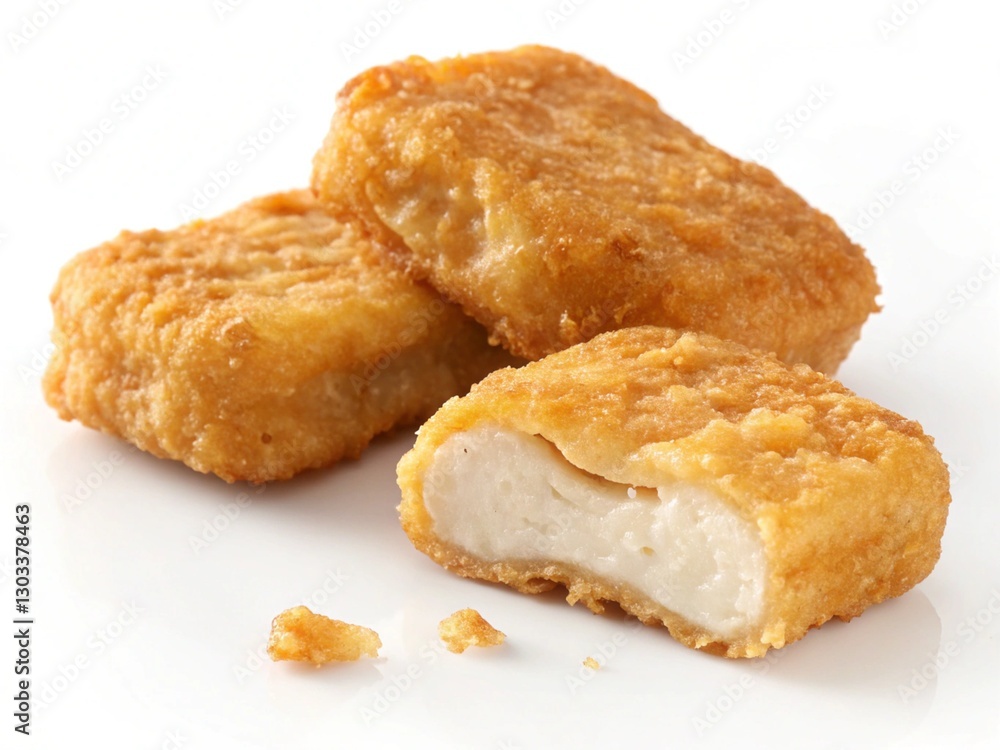 Three golden-brown chicken nuggets are arranged on a white surface, with one nugget cut in half to show the white chicken interior Three golden-brown chicken nuggets are arranged on a white surface, with one nugget cut in half to show the white chicken interior