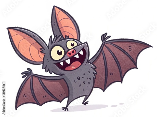 A cheerful, stylized cartoon bat with large ears and a wide grin is depicted mid-flight against a white background