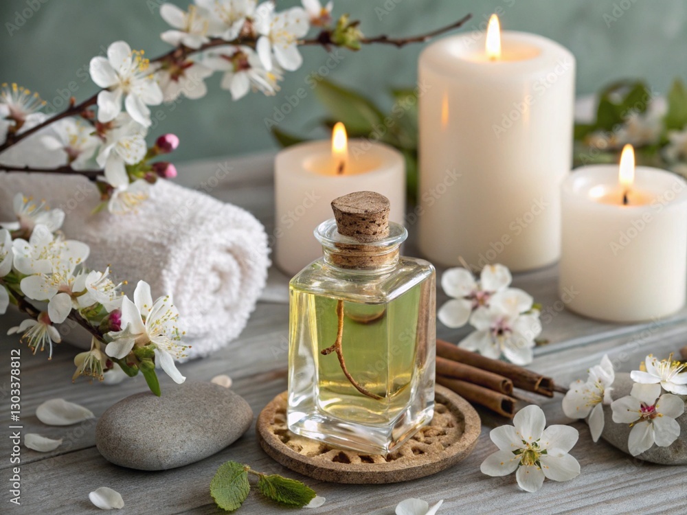 A clear glass bottle with a cork stopper containing liquid is surrounded by lit candles, a rolled white towel, cherry blossoms, and a gray stone, creating a serene spa-like setting A clear glass bottle with a cork stopper containing liquid is surrounded by lit candles, a rolled white towel, cherry blossoms, and a gray stone, creating a serene spa-like setting