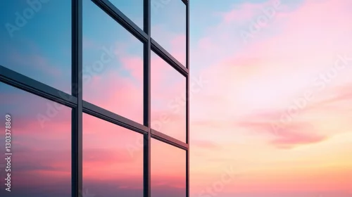 Fototapeta na wymiar Architectural Reflection Capturing a Tranquil Sunset Sky View from Modern Building Windows