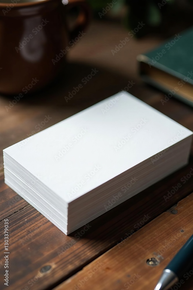 Fototapeta premium Stack of blank business cards on vintage wooden desk, communication, stationery