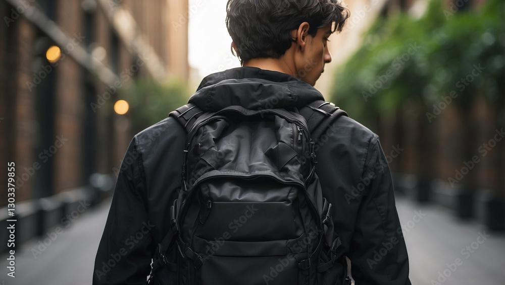 Fototapeta premium Black Blank Backpack on Young Man's Back for Fashion and Travel