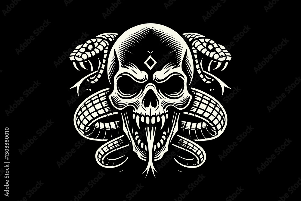 skull head and snake Dark art black and white illustration skull head and snake Dark art black and white illustration