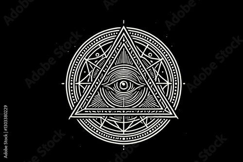 Dark art illuminati eye on hand black and white illustration