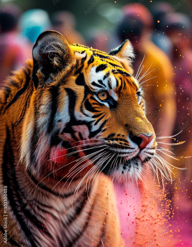 Naklejka premium Holi Festival of Colours Animal Concept, Holi festival tiger, colourful powder explosion, Holi festival flowers, cinematic lighting, Indian Hinduism festival, vibrant Holi festive colours