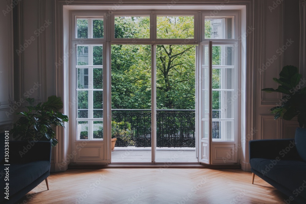 Fototapeta premium Spacious apartment with large patio doors, nature view. Interior design
