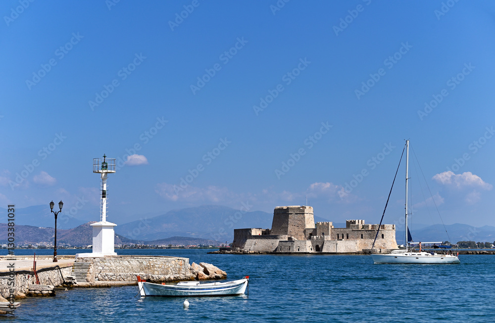Bourtzi fortress in Nafplio, Peloponnese, Greece,summertime Bourtzi fortress in Nafplio, Peloponnese, Greece,summertime