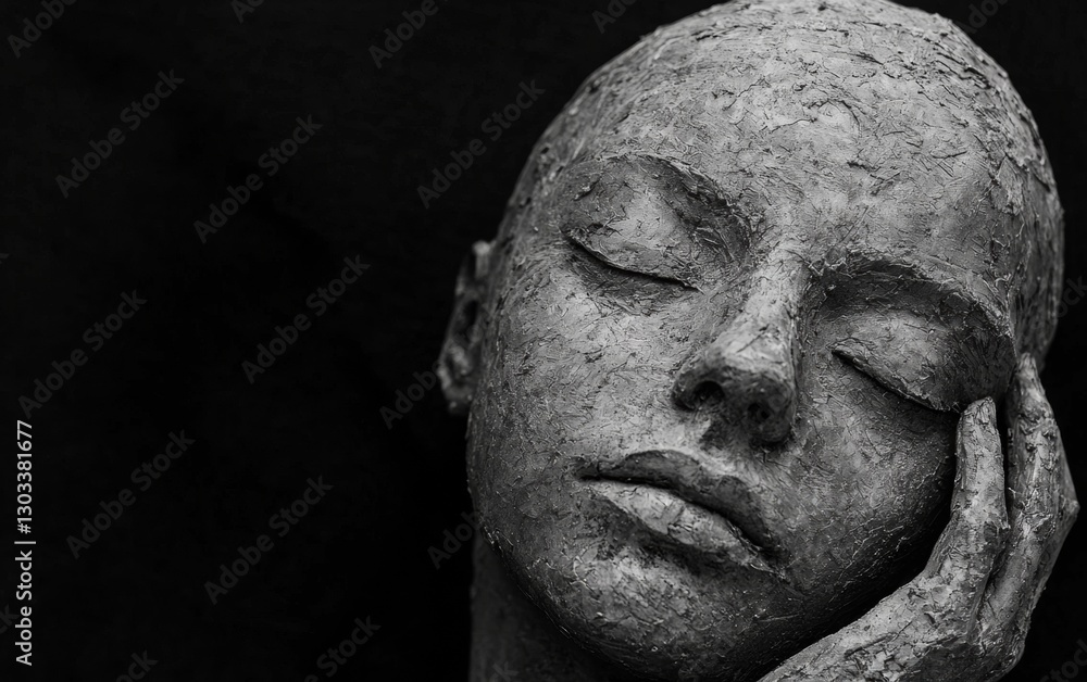 Sculpture of a serene woman with closed eyes resting her head on her hand Sculpture of a serene woman with closed eyes resting her head on her hand