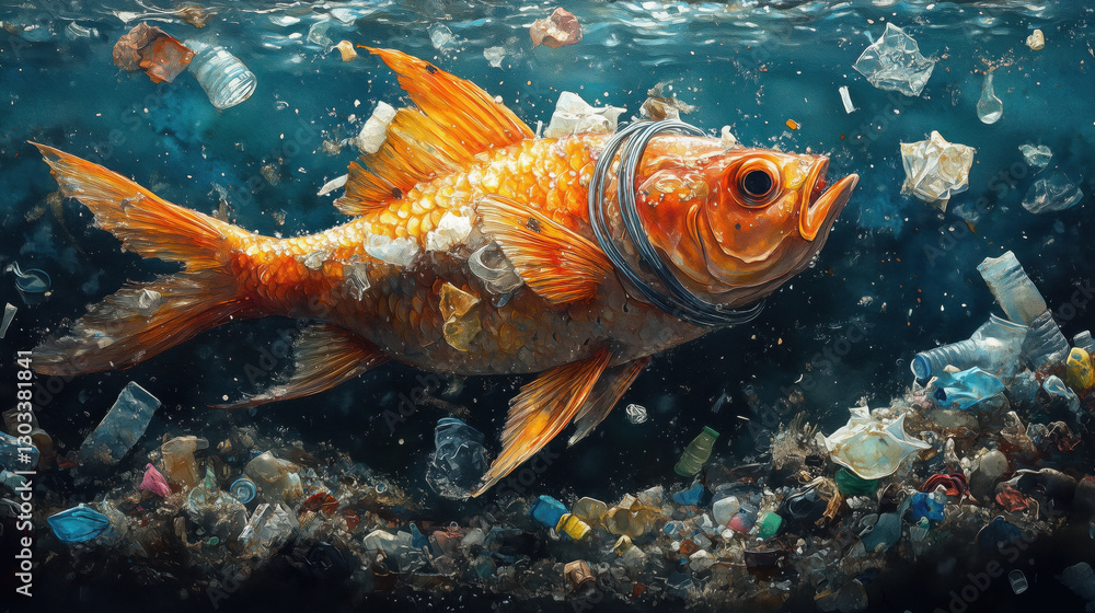 Fototapeta premium Goldfish swimming in dirty polluted ocean water full of plastic waste, global catastrophe.