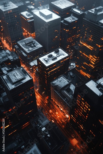 City lights at night. Aerial view of skyscrapers, street lights, modern background