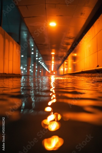 Underpass reflection, wet street, evening, city; for urban scenes, cityscapes, street life