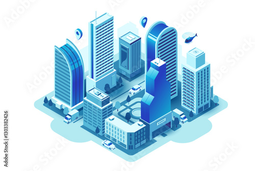 Vector illustration of modern smart city in isometric style. Megapolis, business center with tall futuristic buildings. 3D City district in blue colors isolated on white. Ideal for infographics, web.