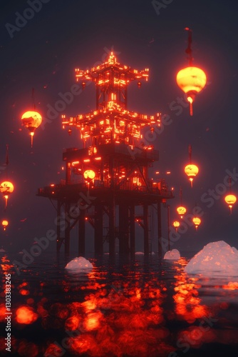 Illuminated pagoda above water at night with lanterns for a festival poster or card