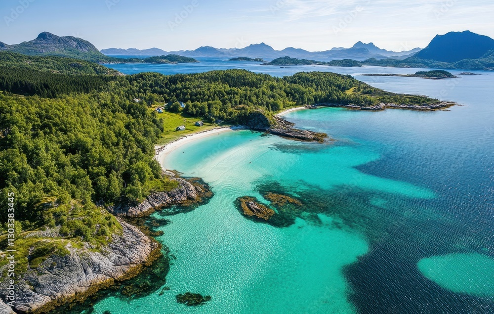 Aerial View of Serene Tropical Beach with Turquoise Waters and Green Mountains in the Background Under Bright Blue Sky Aerial View of Serene Tropical Beach with Turquoise Waters and Green Mountains in the Background Under Bright Blue Sky