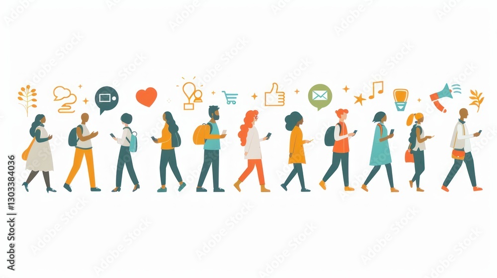 Diverse People Walking and Using Their Smartphones, Social Media Concept Illustration Diverse People Walking and Using Their Smartphones, Social Media Concept Illustration