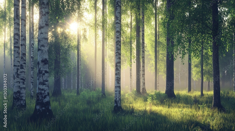 Obraz premium Sunlit Birch Forest: A Serene Morning in Nature's Embrace