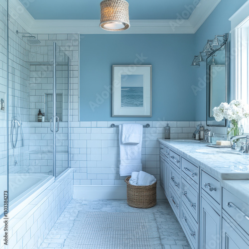 Modern Coastal Bathroom with Blue and White Decor  
