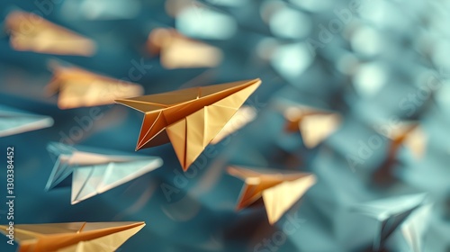 Lone Gold Origami Plane Leading the Pack of Metallic Coppers Showcasing Individuality and Determination