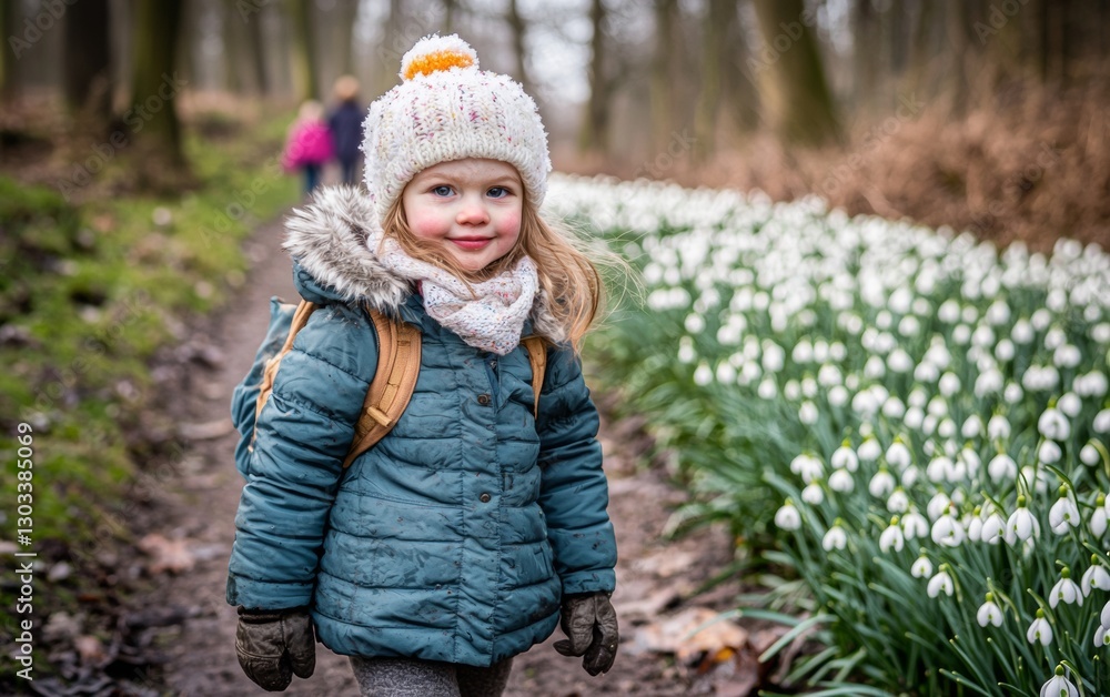 Young girl explores snowdrop flowers during a forest walk on a chilly day Young girl explores snowdrop flowers during a forest walk on a chilly day