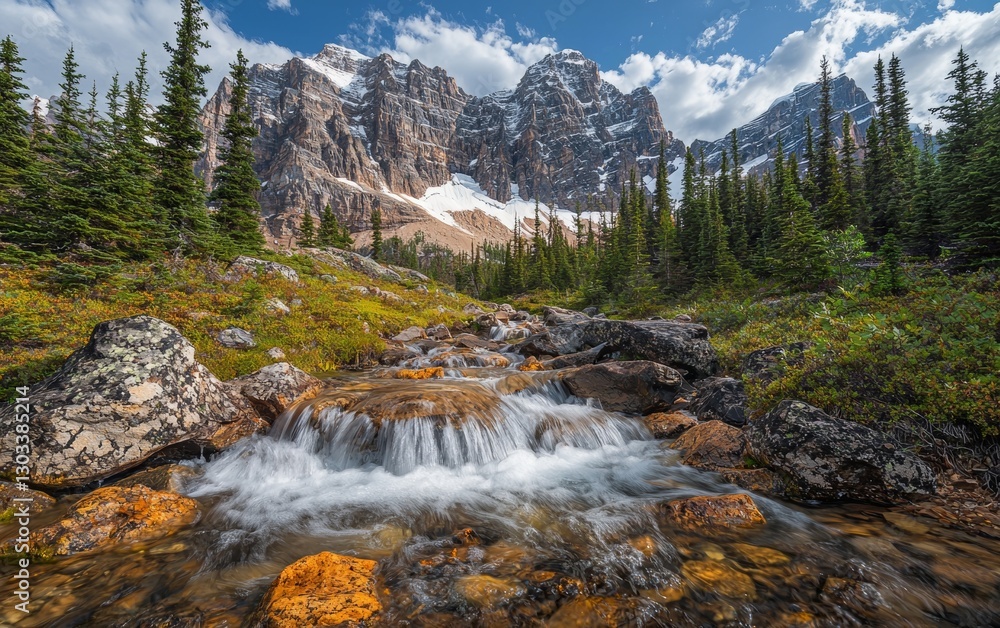 Majestic mountain landscape with flowing stream and lush greenery in the Canadian Rockies during daytime Majestic mountain landscape with flowing stream and lush greenery in the Canadian Rockies during daytime