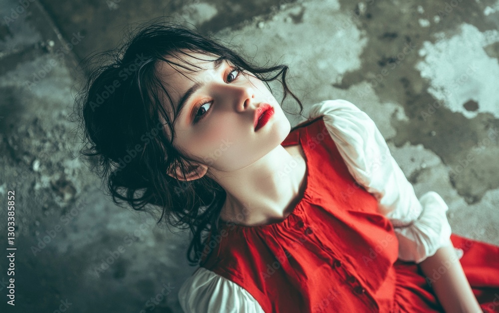 Young woman in a red dress poses on a textured floor with dramatic lighting during a photoshoot Young woman in a red dress poses on a textured floor with dramatic lighting during a photoshoot