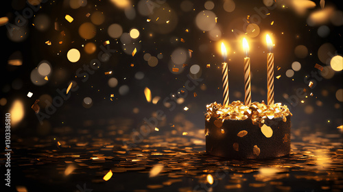 A sparkling birthday cake with three lit candles, set against a bokeh background with golden confetti. Make a wish birthday, wish-list, birthday candles, song, cake. 