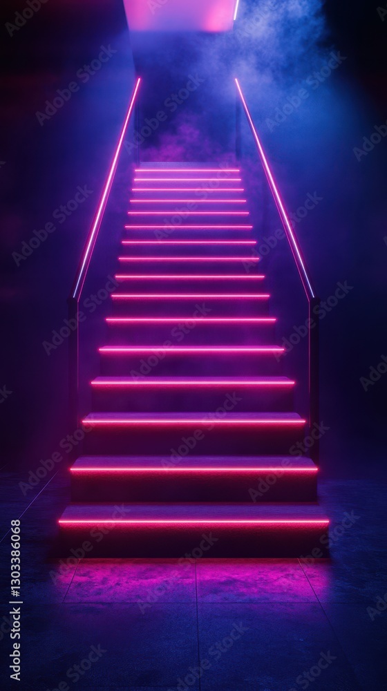 Colorful neon staircase illuminates a dark space with vibrant pink lights in an atmospheric setting Colorful neon staircase illuminates a dark space with vibrant pink lights in an atmospheric setting