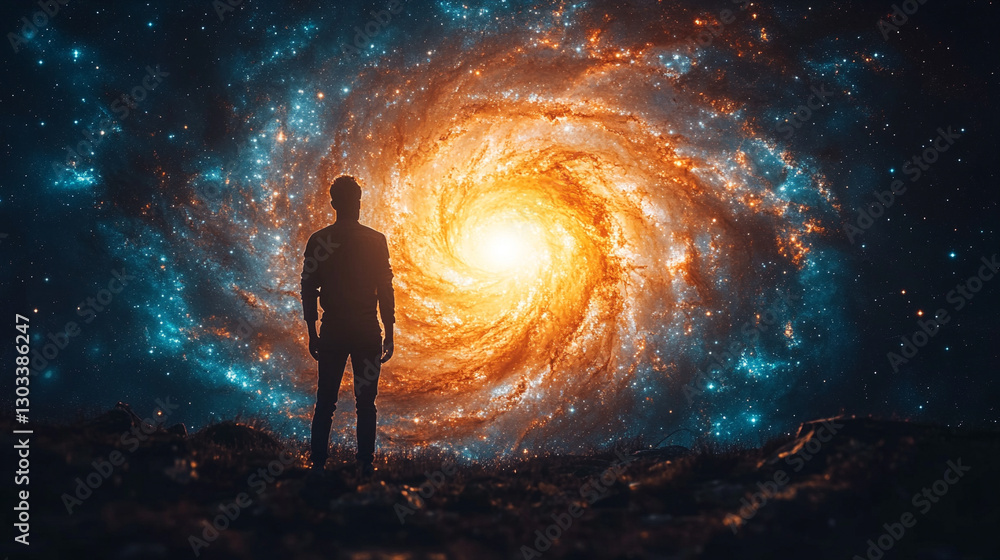 Fototapeta premium Majestic cosmic panorama of a swirling nebula surrounded by glimmering galaxies in the depths of outer space, featuring an ethereal abstract cosmos background symbolizing the infinite universe. 