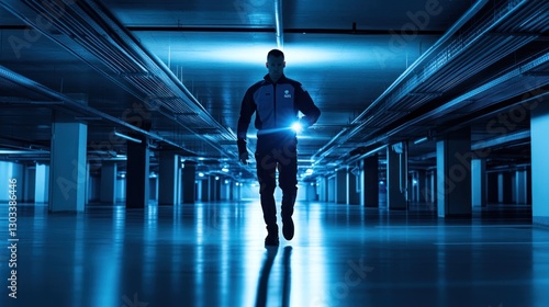 Security Guard Patrolling a Modern Parking Garage at Night