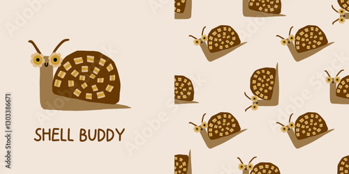 Childish Pattern and Card Cut Out Snail. Shell buddy. Naive snail vector illustration