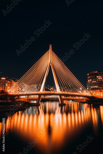 Night view of brightly lit cable-stayed bridge reflecting on city river water